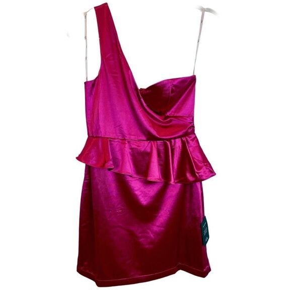 NWT Lulus Flirtatious Energy Pink Satin One-Shoulder Bodycon Mini Dress - Picture 2 of 8
